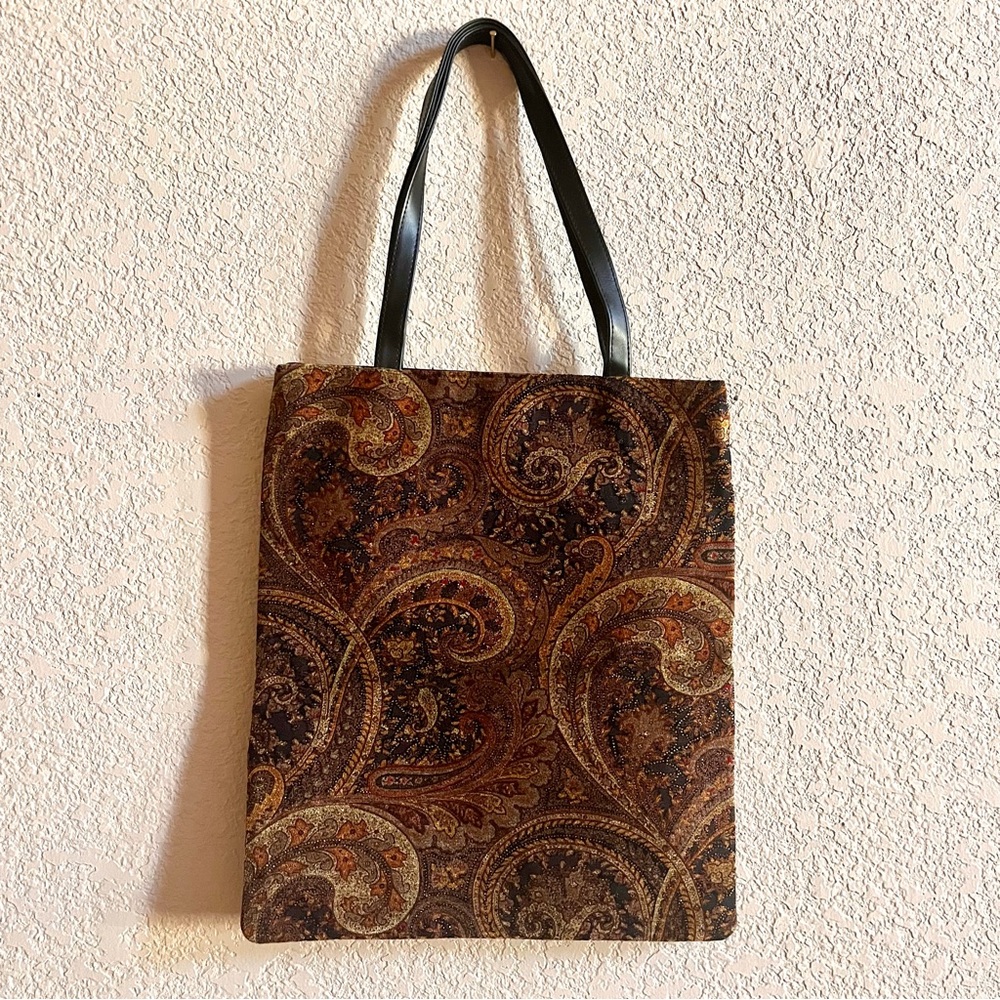 Chico’s Brown Paisley Sparkle Embelished Tote Bag with Black Leather Straps